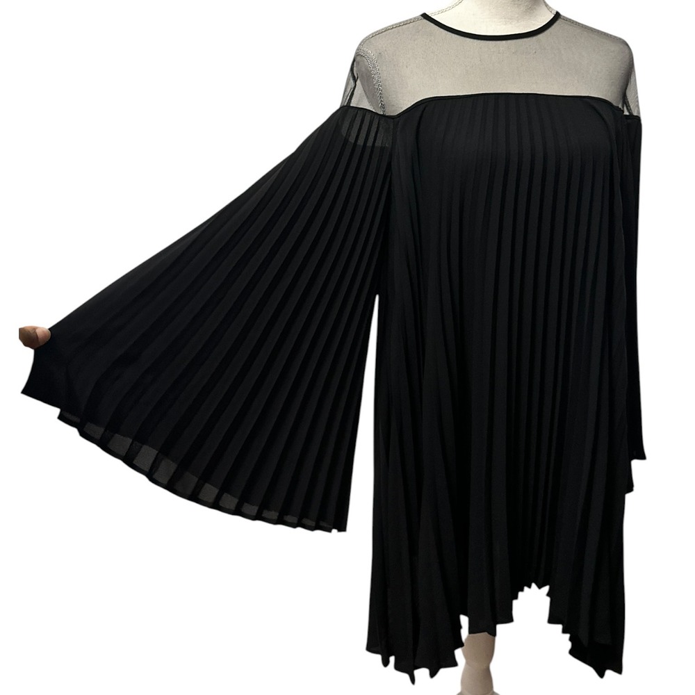 DELFI Collective Black Pleated Mesh Yoke Bell Sleeve Mini Dress XS Cocktail - Picture 2 of 7